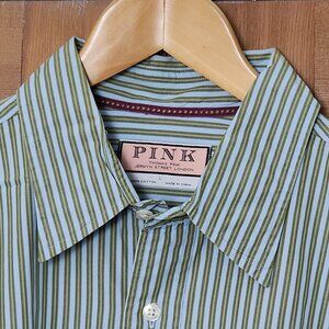 THOMAS PINK Olive and Blue Stripe Cotton L/S Sz Large